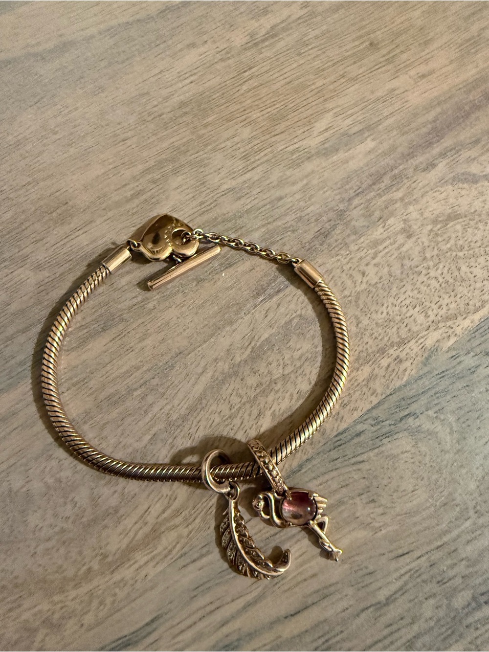 Pandora Rose Gold -Tone heart Bracelet with rose gold Leaf and flamingo charms